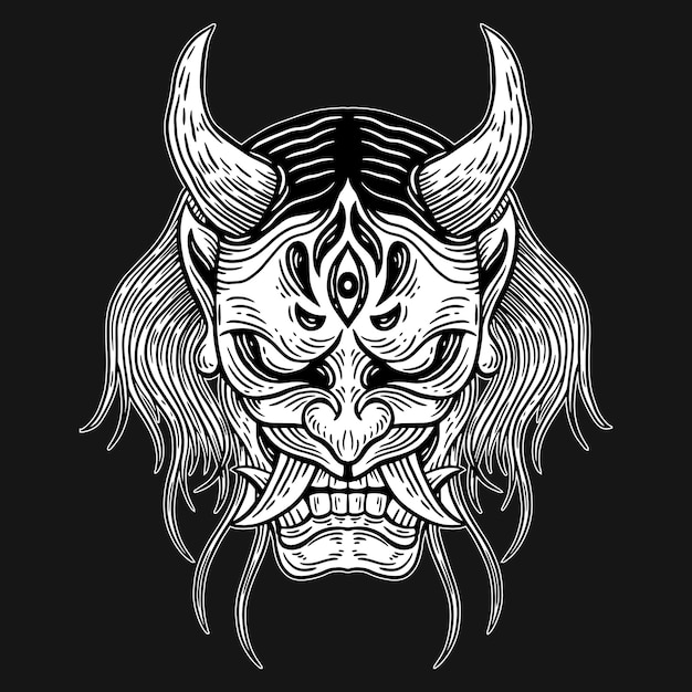 Dark Art Japanese Devil Mask Long Hair Skull Hand Drawn Hatching Style