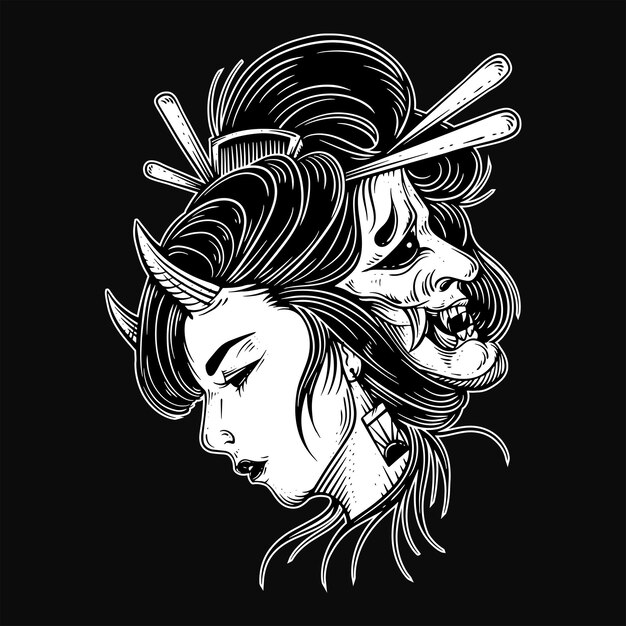 Vector dark art japanese girl rose geisha woman skull mask tattoo traditional illustration