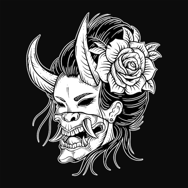 Dark Art Japanese girl rose geisha woman Skull Mask Tattoo traditional illustration