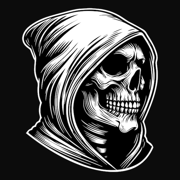 Dark Art Scary Ghost Skull Reaper Head Black and White Illustration