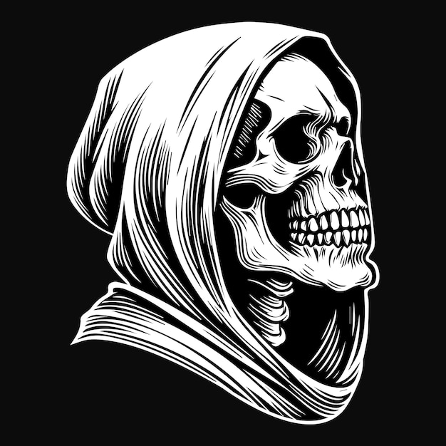 Dark Art Scary Ghost Skull Reaper Head Black and White Illustration