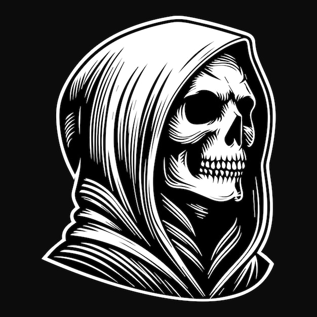 Dark Art Scary Ghost Skull Reaper Head Black and White Illustration