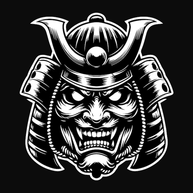 Vector dark art scary japanese samurai mask black and white illustration