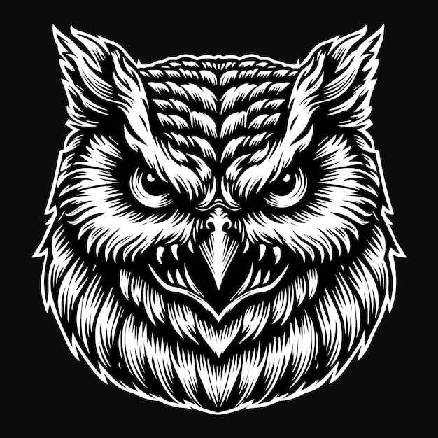 Dark Art Scary Owl Head Black and White Illustration