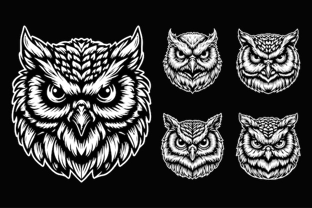 Dark Art Scary Owl Head Black and White Illustration