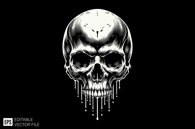 Vector dark art scary skull head vector design template black and white