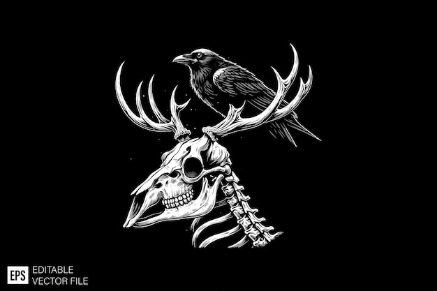 Vector dark art skull deer head vector character design black and white illustration