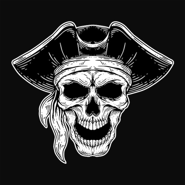 Dark Art Skull pirates captain Skeleton Vintage illustration for clothing apparel