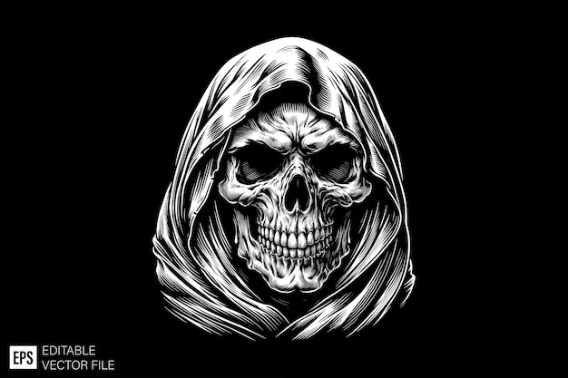 Vector dark art skull reaper vector character design black and white illustration