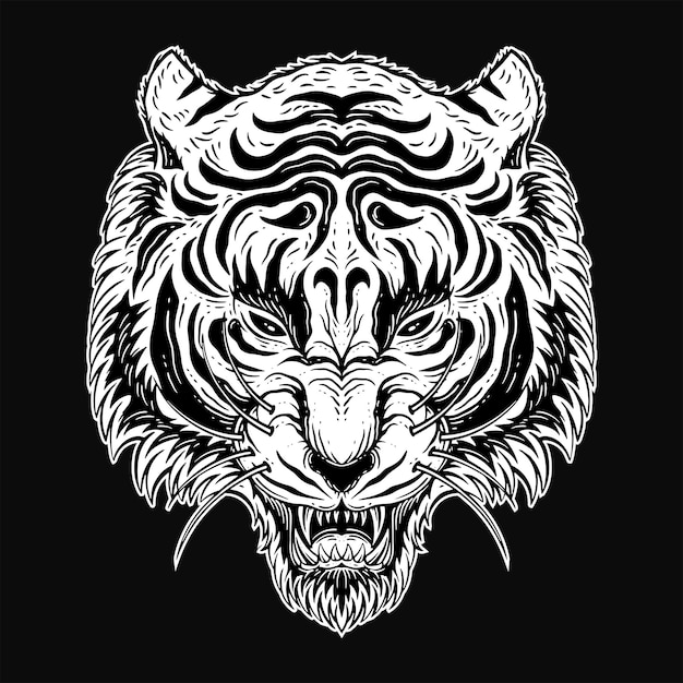 Vector dark art tiger head scary angry beast mascot black and white hand drawn illustration