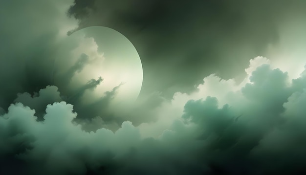 Vector a dark atmospheric scene with a large glowing orb behind a layer of swirling clouds creating a mysterious and ethereal mood