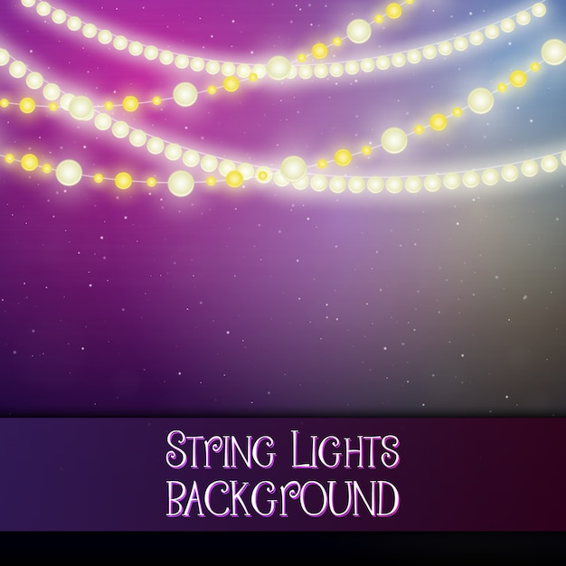 Dark background with decorative string lights.