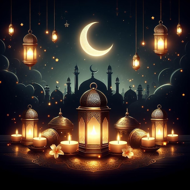 a dark background with lanterns and a moon with a moon in the background