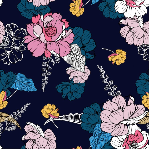 Dark blooming flower night and foliage seamless pattern