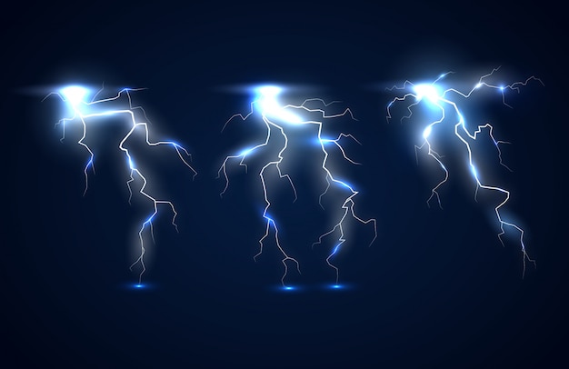 On a dark blue background sparkling lightning with electric effect and shining particles from the discharge