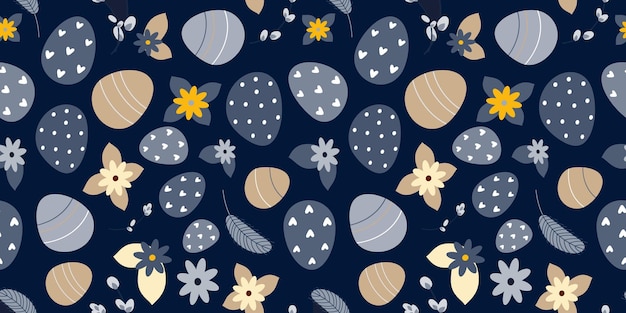 A dark blue background with a pattern of eggs and flowers.