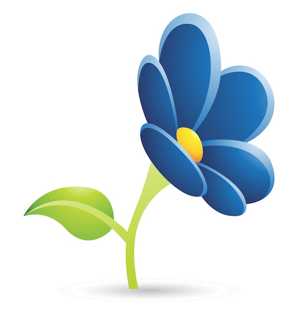 Dark Blue Flower with a Green Leaf Cartoon Icon