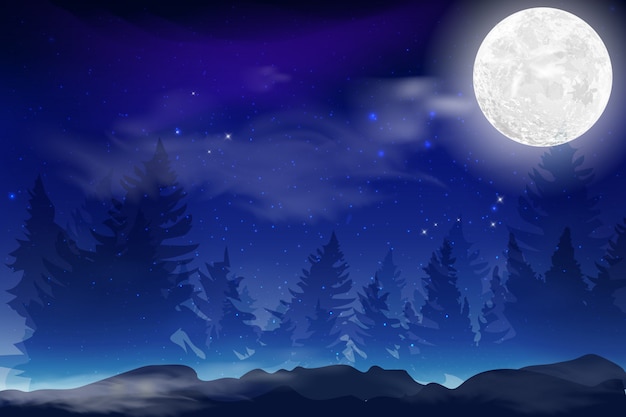 Dark blue night background with full month, clouds and stars. Moonlight night.  illustration. Milkyway space background