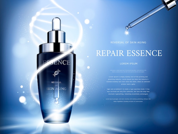 dark blue repair essence with helical structure and droplet bottle