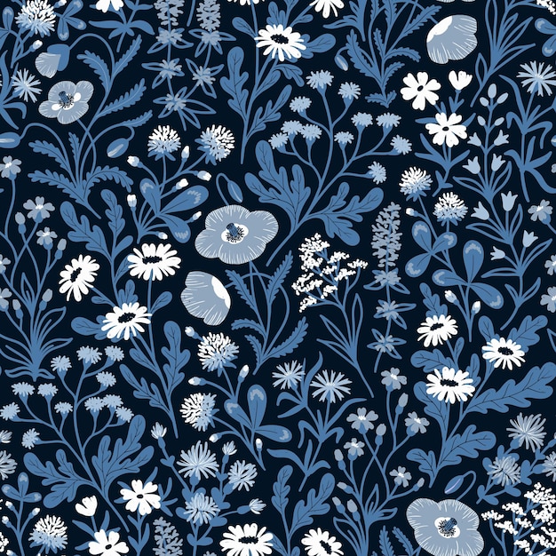 DARK BLUE VECTOR SEAMLESS BACKGROUND WITH A VARIETY OF WILDFLOWERS