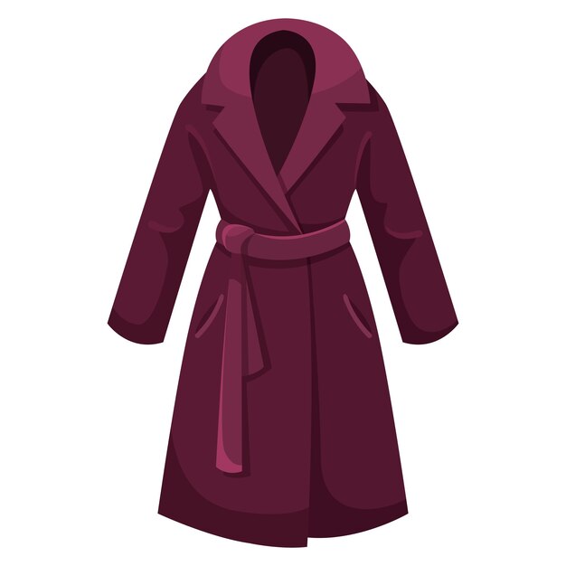 A dark burgundy coat featuring a belt tied at the waist Illustrated in a flat graphic style on a white background Concept of fashion Vector illustration