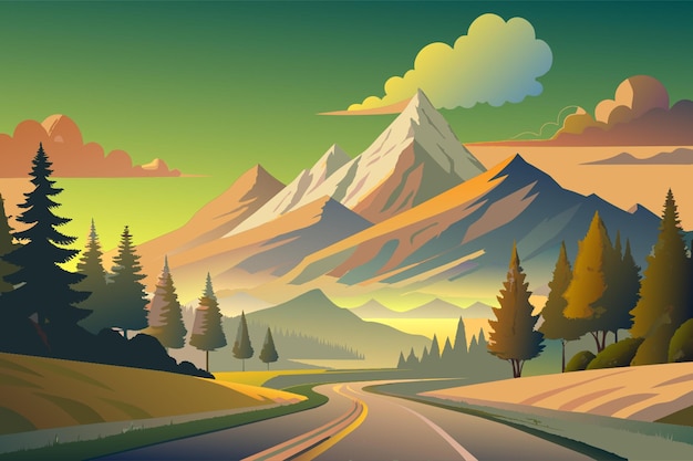 Vector dark day of mist with empty winking mountain road vector illustration flat 2