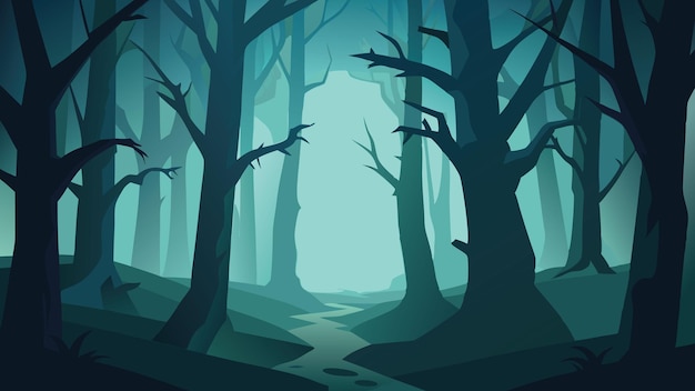 Vector a dark eerie forest shrouded in mist with twisted trees and shadows hinting at lurking horrors within flat vector illustration