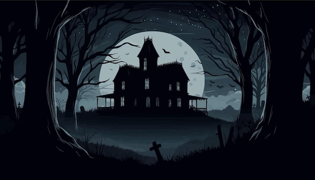 A dark eerie night with a silhouette of an old abandoned mansion in the distance