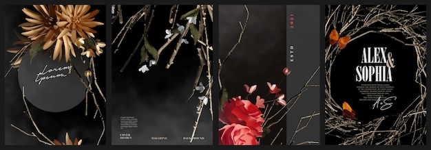 Dark elegant flower and branches cover illustration template set