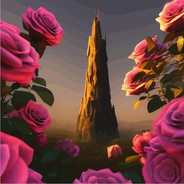 Vector dark fabulous field red roses and mysterious tower against background bright moon fantasy picture