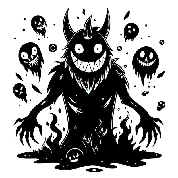 Dark Fantasy Demon Illustration with Grinning Skulls and Ghosts in Monochrome