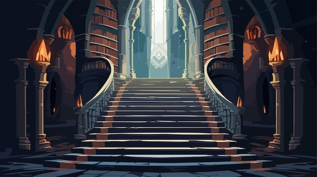 Vector dark fantasy library stairs in gloomy cathedral design