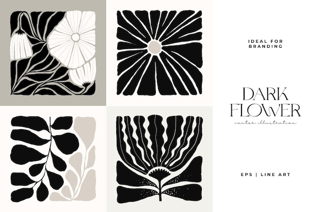 Dark Floral abstract elements Botanical composition Modern trendy Matisse minimal style Floral