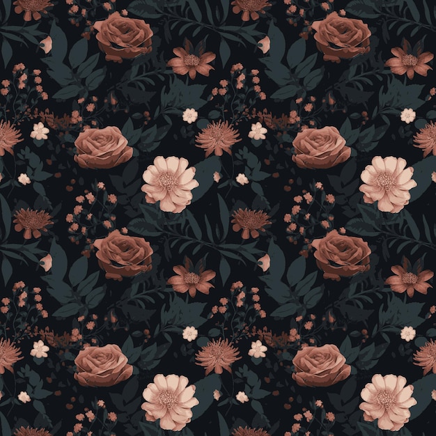 A dark floral pattern with roses and leaves