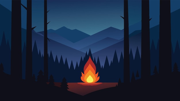 Vector a dark forest at night with a glowing fire surrounded by tall trees flat vector illustration