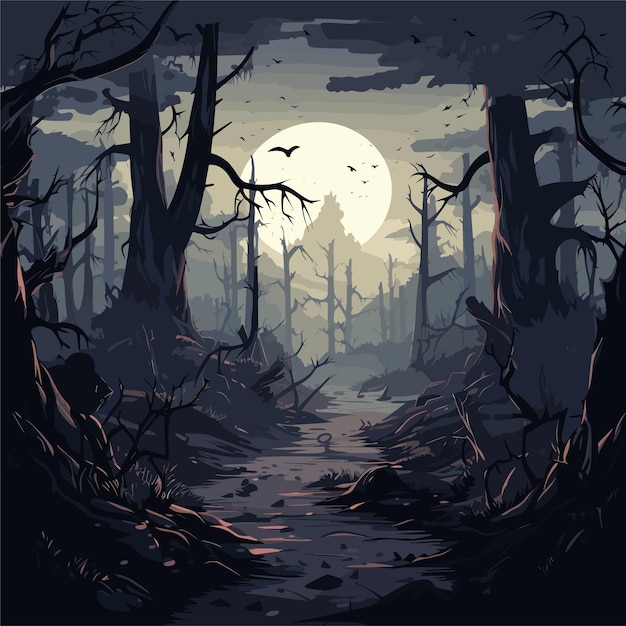 a dark forest with a path leading to the moon game background landscape video game