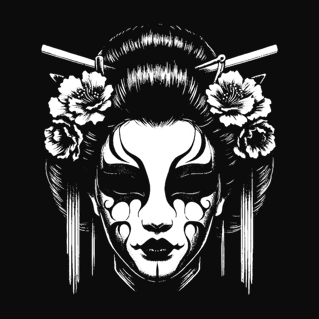 Dark Geisha Japanese Oriental Girl Skull Mask Art Tattoo Grunge Vintage Style illustration