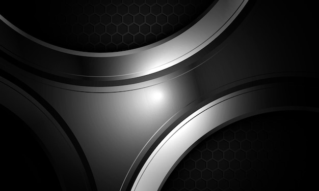 Dark gray futuristic abstract background with honeycomb grid and abstract metallic grey shape.