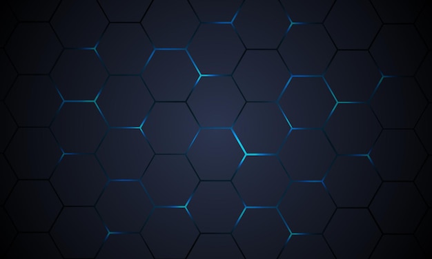 Dark gray hexagonal technology abstract background with blue bright energy flashes under hexagon