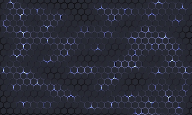 Dark gray technology hexagonal futuristic background with light energy flashes under hexagon