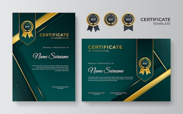 Dark green and gold certificate of achievement border template with luxury badge and modern line pattern For award business award achievement and education needs