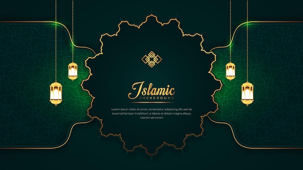 Dark Green Islamic Greeting Vector Background with Islamic Border and Decorative Hanging Lanterns