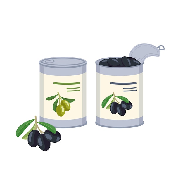 Dark and green olives in open and closed tin Ready made traditional Greek food delicious appetizer Vector flat illustration