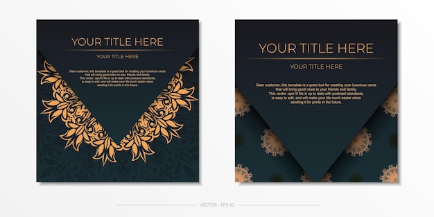 Dark green postcard template with white Indian mandala ornament Elegant and classic elements ready for print and typography Vector illustration