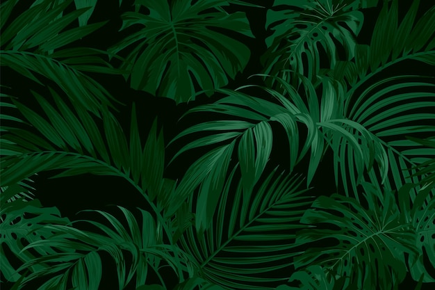 Dark green tropical pattern with palm leaves Summer vector background or textile illustration