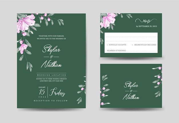 Dark Green tropical watercolor wedding invitation card and RSVP card template