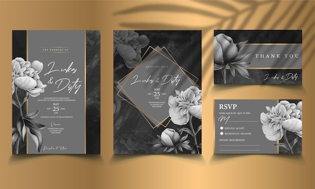 dark grey and black weding invitation with watercolor floral template