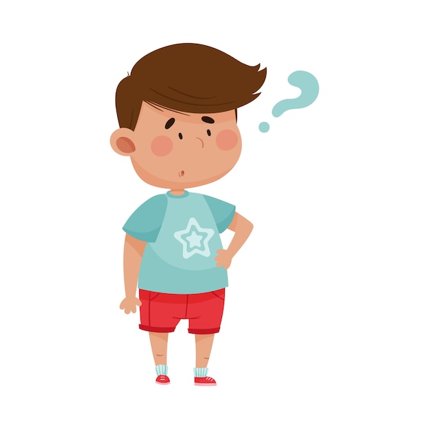 Dark Haired Boy Wearing Red Shorts Showing Puzzled Expression on His Face Vector Illustration