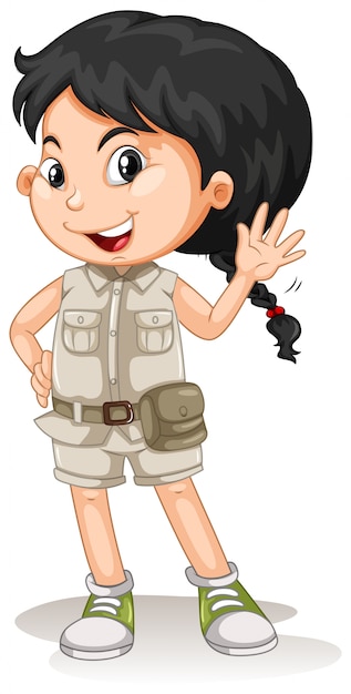 A dark haired girl in a safari outfit