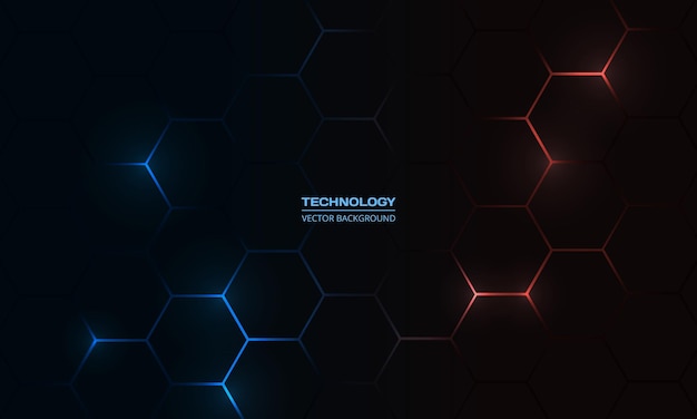 Dark hexagon gaming abstract vector background with blue and red colored bright flashes